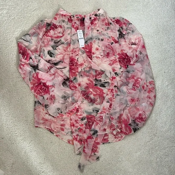 NWT WHBM Long Sleeve Floral Tie-Neck Blouse Size 10 - Picture 4 of 11
